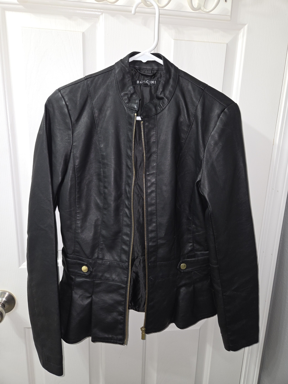Baccini Black Faux Leather Peplum Zip Jacket
